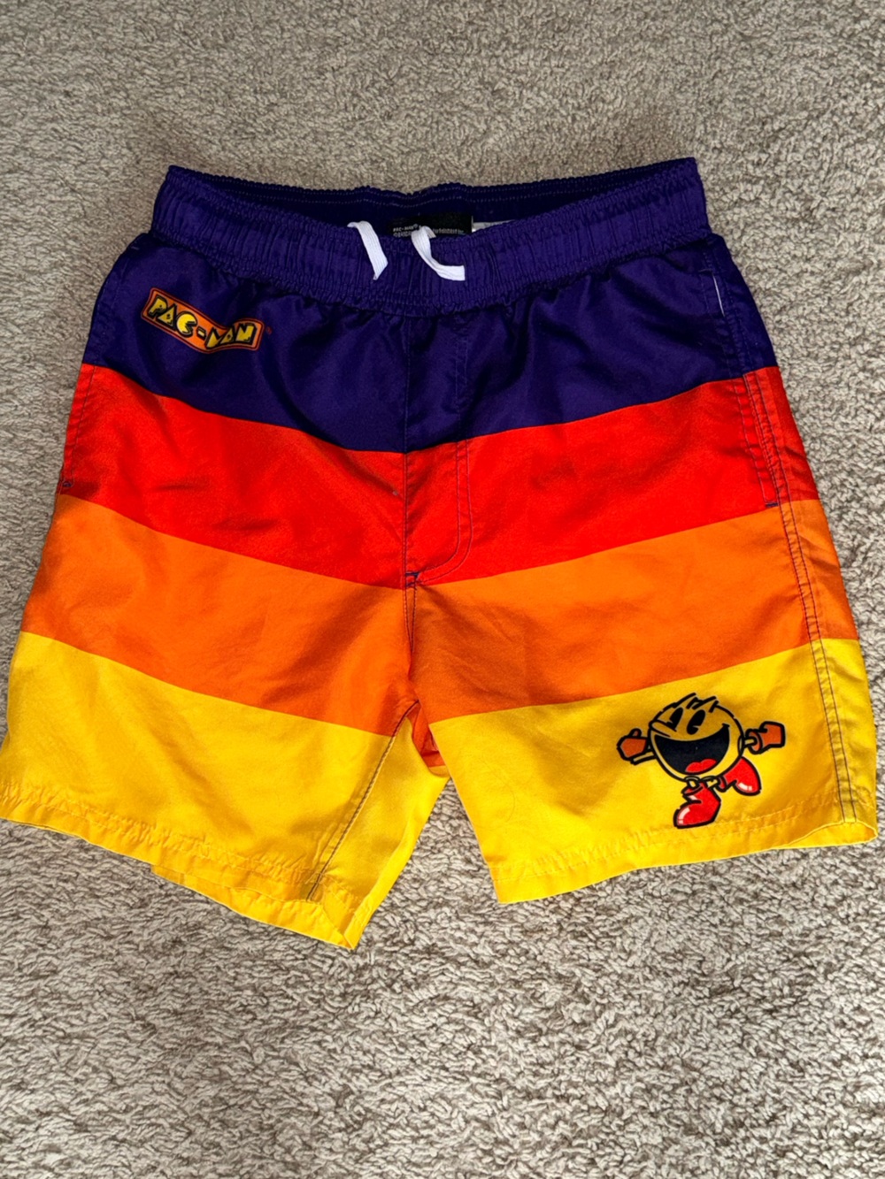 Pac-Man Rainbow Striped Swim Shorts - Purple, Red, Orange, Yellow